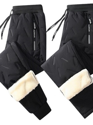 加绒雪地裤子男士羽绒裤秋冬加厚外穿直筒防风棉裤休闲羊羔绒长裤