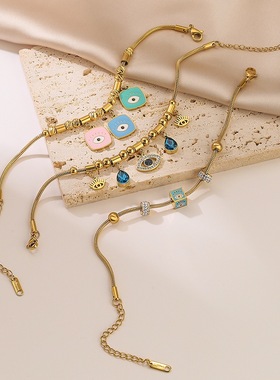 复古蓝色眼睛钛钢手链女中东风高级感潮流小众恶魔之眼配饰礼物