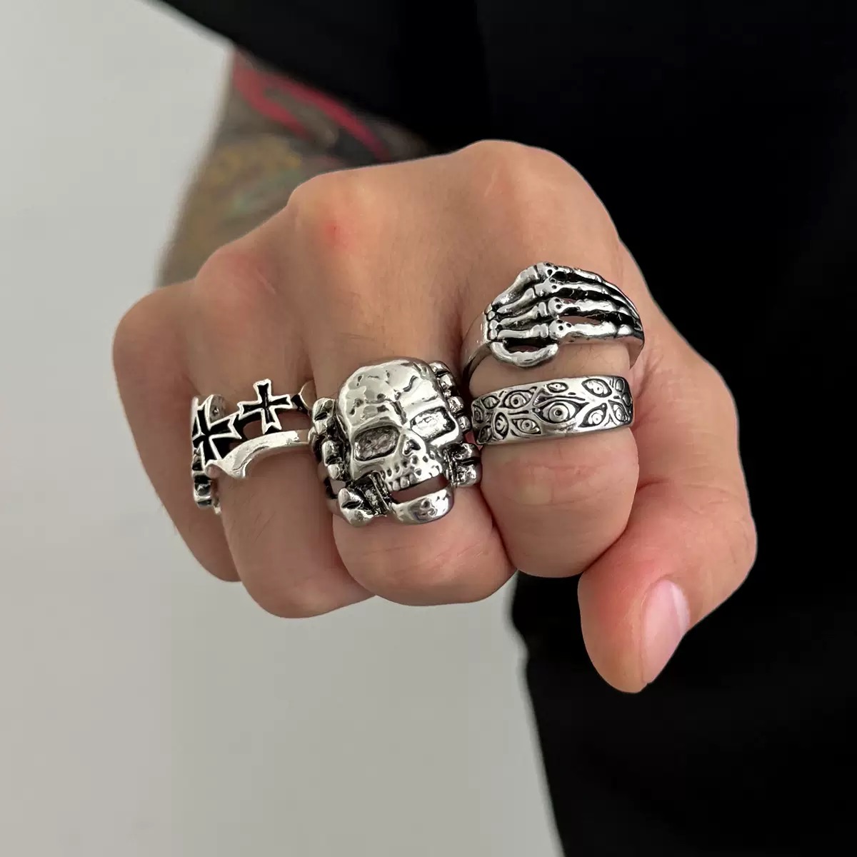 复古骷髅4个一套戒指套装男女夸张独特欧美朋克风万圣节潮流指环