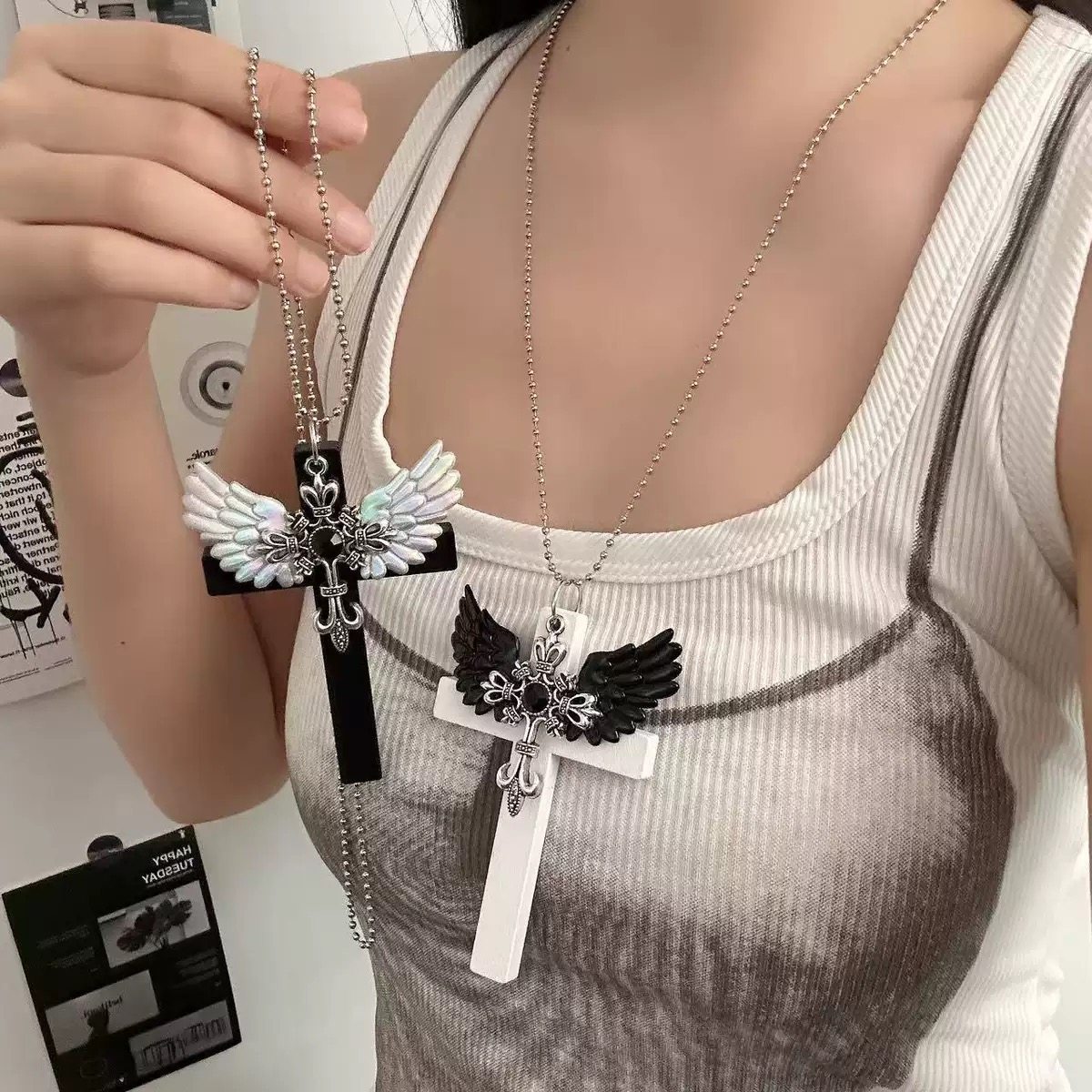 复古双层十字架天使情侣项链一对亚文化千禧辣妹送女朋友礼物吊坠