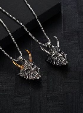 鬼面具项链复古设计感小众金角般若吊坠欧美嘻哈潮流猎奇男配饰品