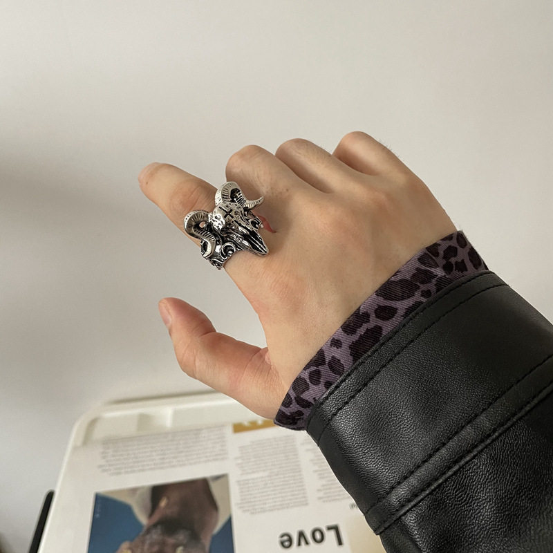 恶魔黑山羊开口戒指暗黑系哥特风克苏鲁小众夸张男女指环配饰品