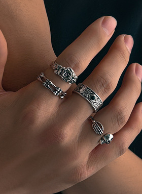 复古骷髅4个戒指套装男女中性欧美暗黑系朋克风小众嘻哈指环潮流