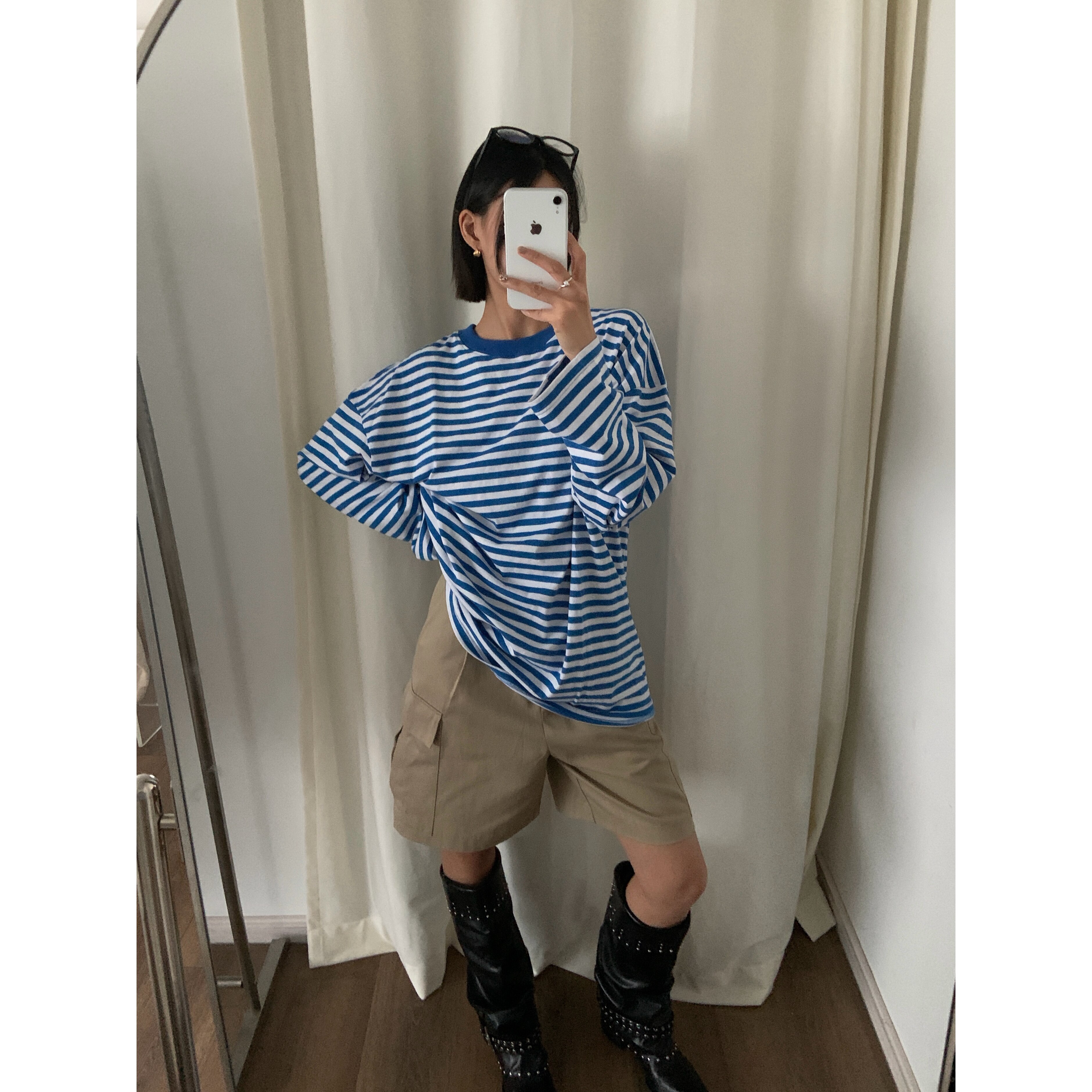 不咸cheese 清爽少年感蓝白宽松百搭休闲条纹长袖T恤女上衣潮