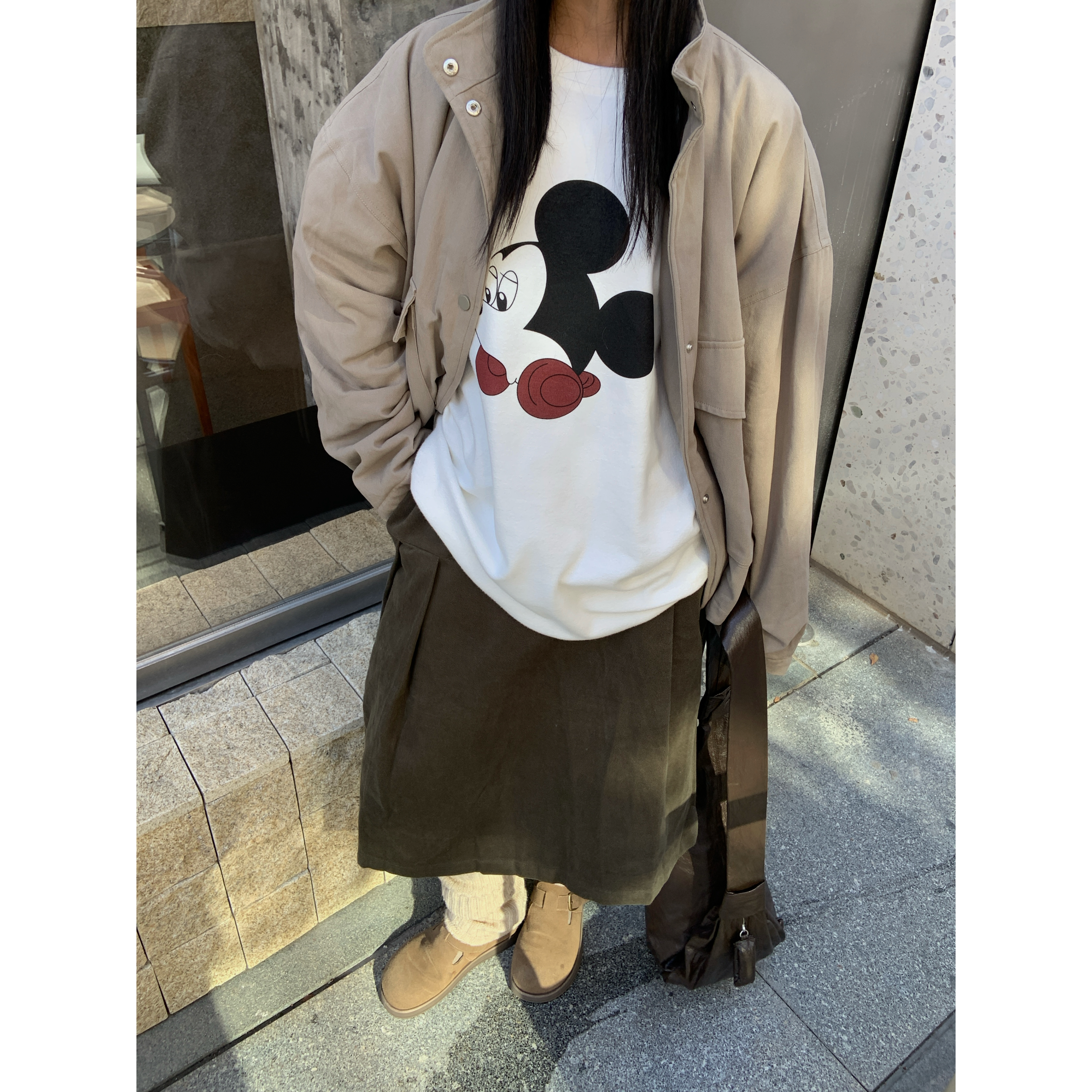 不咸cheese 秋冬磨毛卡通米奇短袖t恤宽松慵懒