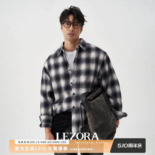 LEZORA全棉法兰绒黑白格纹衬衫