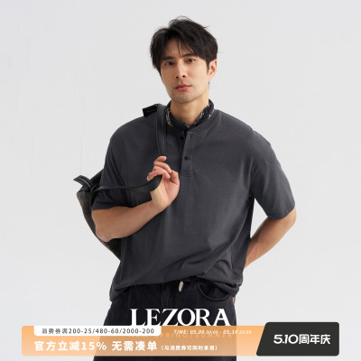 LEZORA亚麻棉透气做旧亨利领T恤