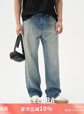 LEZORA 脏污蓝！vintage做旧美国cone丹宁大直筒宽松牛仔裤男