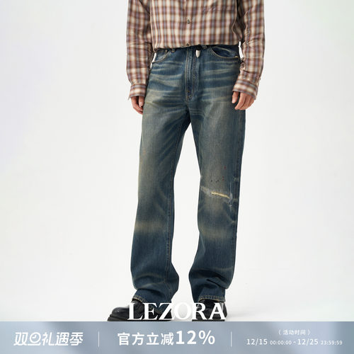 LEZORA工装补丁大猫须直筒牛仔裤
