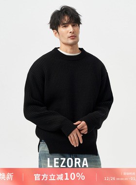 LEZORA秋冬大件！澳洲粗纺羊毛 复古厚款粗坑条开衩廓形毛衣男冬