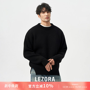 粗坑条开衩廓形毛衣男冬 复古厚款 LEZORA秋冬大件 澳洲粗纺羊毛