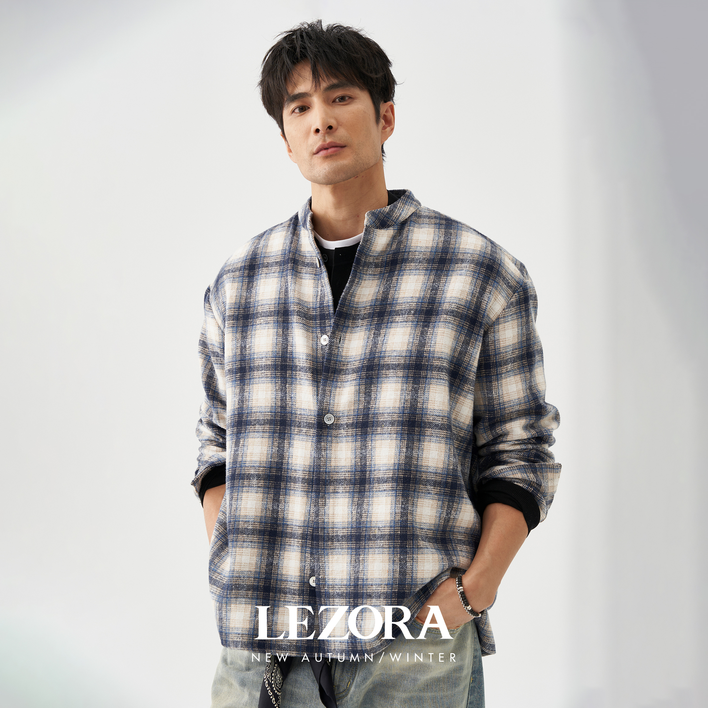 LEZORA格纹法兰绒立领衬衫