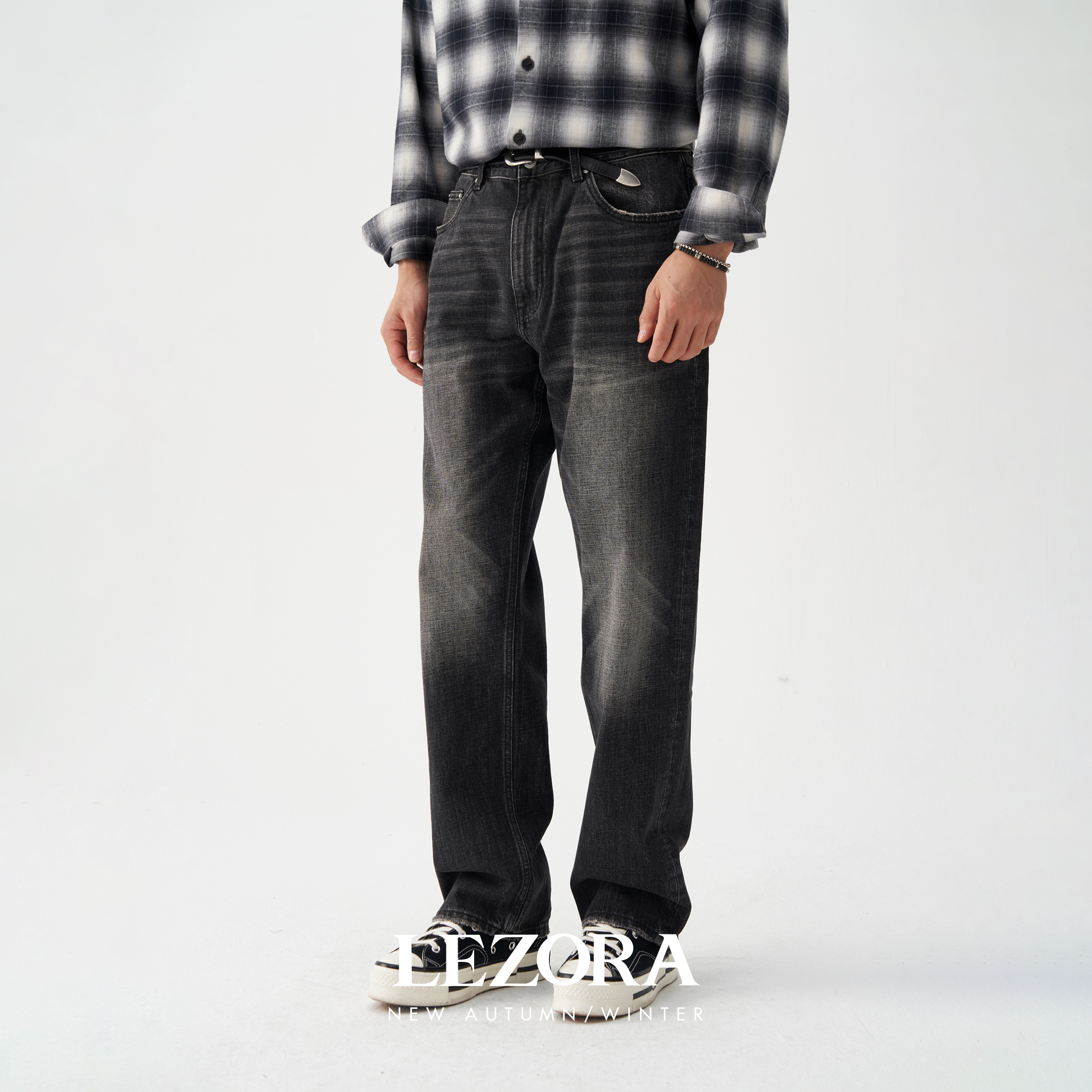 LEZORA重猫须宽松直筒牛仔裤