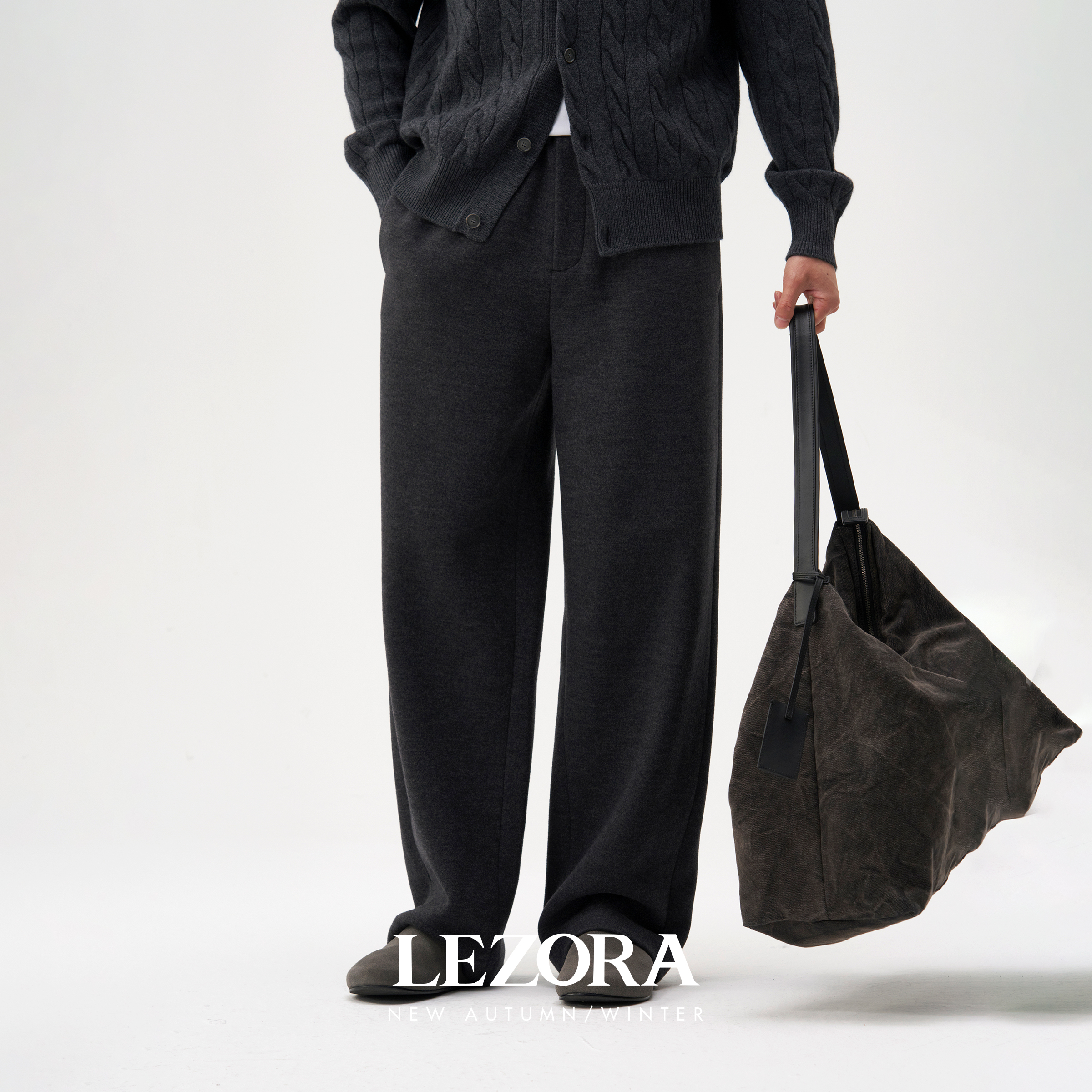 LEZORA加厚针织羊毛松紧腰直筒裤