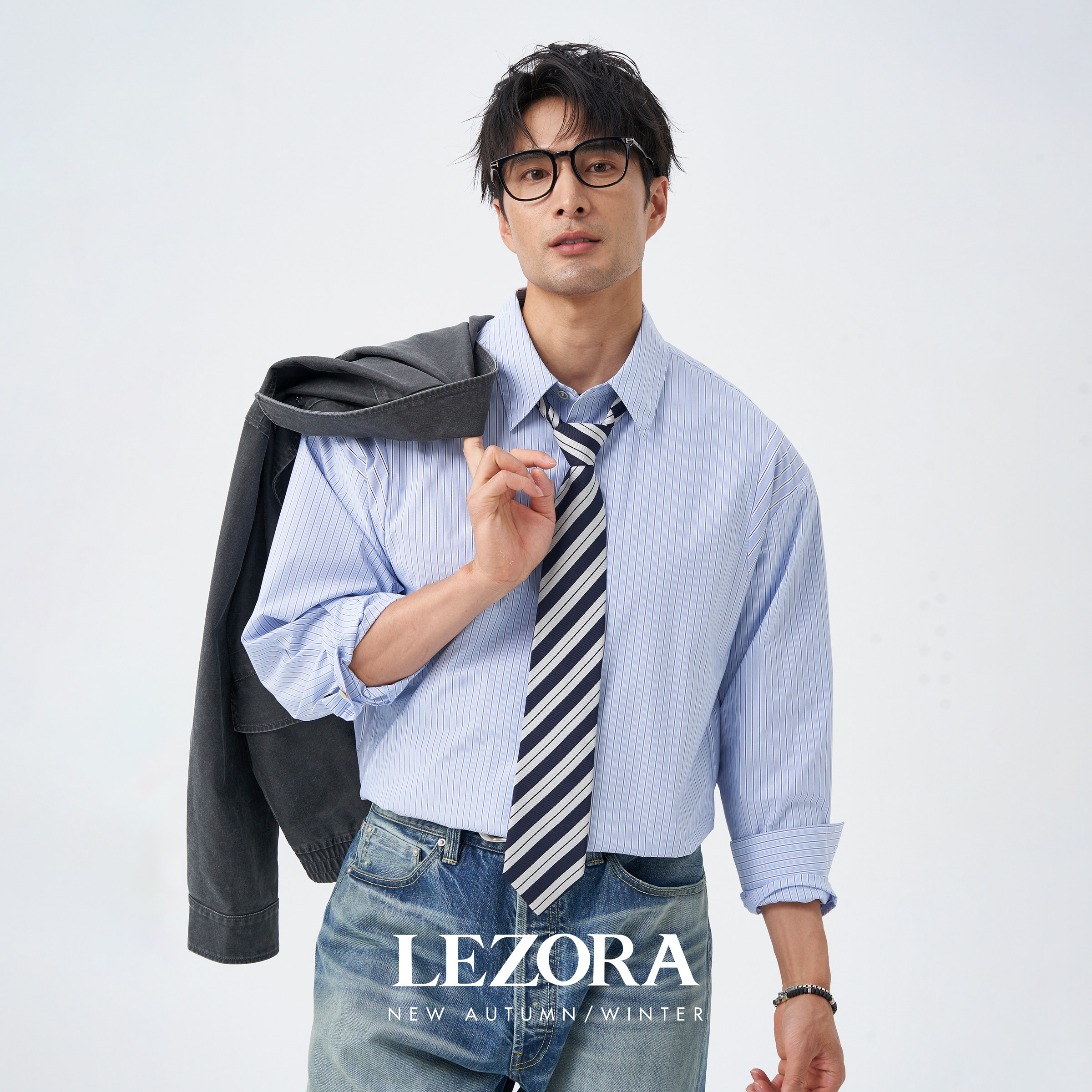 LEZORA 解构拼接！春款抗皱色织条纹宽松休闲风蓝色长袖衬衫男