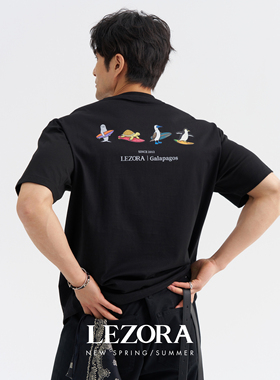 LEZORA Galapagos动物冲浪！美产supima匹马棉宽松短袖T恤男