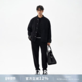 LEZORA山羊绒拼缎面三醋酸 金属竹节扣立领新中式 羊绒大衣男