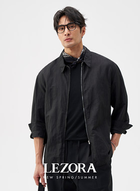 LEZORA缩皱棉麻细条纹全拉链夹克