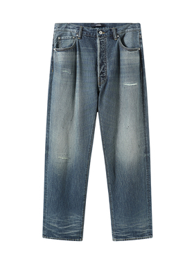 LEZORA美cone全棉丹宁 vintage补丁猫须压皱宽松直筒牛仔裤男