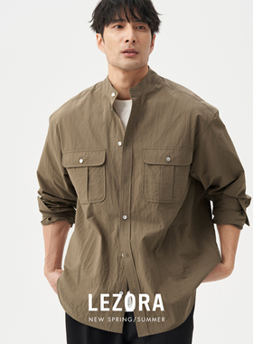 LEZORA法国c*asey同款砂洗皱缩真丝有机棉工装口袋立领宽松衬衫男
