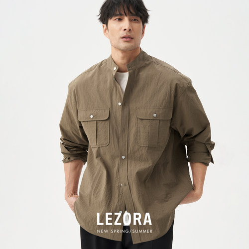 LEZORA皱缩真丝棉工装立领衬衫