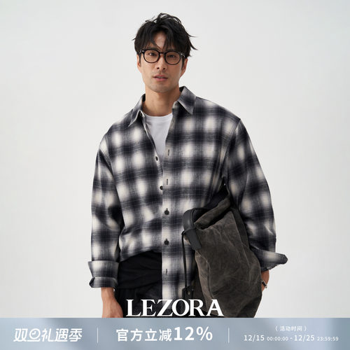 LEZORA全棉法兰绒黑白格纹衬衫