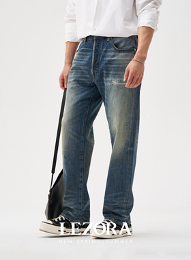 LEZORA美cone全棉丹宁 vintage补丁猫须压皱宽松直筒牛仔裤男