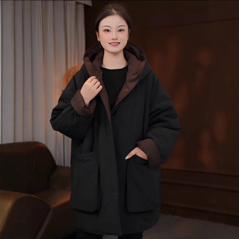 欧货宽松大板型女2025秋冬季新款连帽两面穿大口袋休闲中长款棉服
