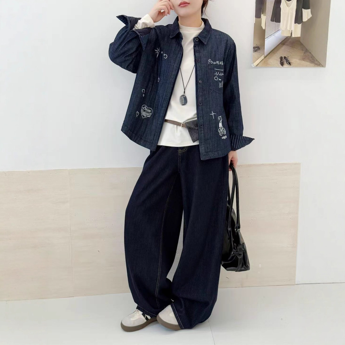 25年冬款棉衣牛仔衬衫加棉加厚保暖卡通印休闲学院风棉服外套新款