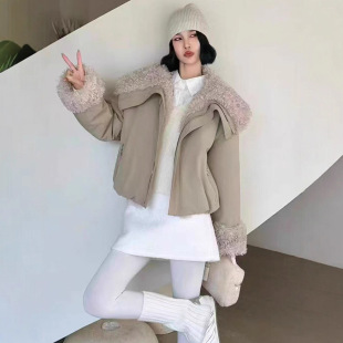 韩版 大翻领宽松保暖夹克 羊羔毛加厚派克服短外套女2025秋冬新款