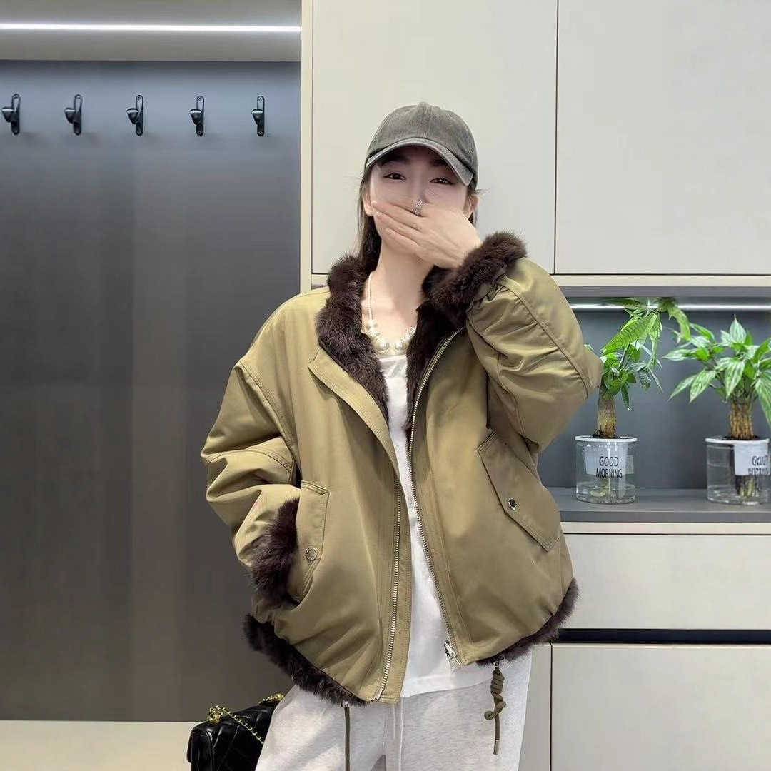 冬装新款安哥拉兔毛皮草女短款立领拉链外套宽松保暖双面穿派克服