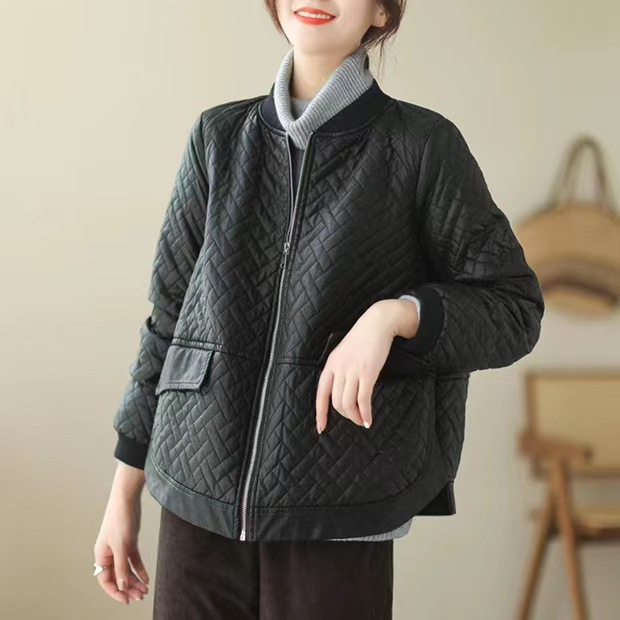 秋冬新款皮衣外套女宽松休闲夹棉加厚保暖立领开衫外套菱形格棉服