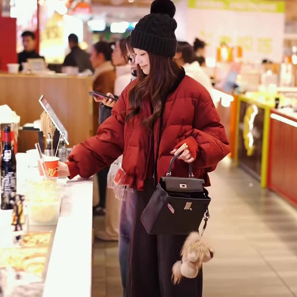 韩版木耳边拼接圣诞红羽绒服女短款冬2025新款加厚白鸭绒夹克外套