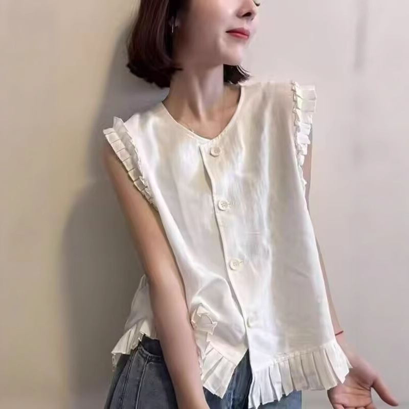 欧货木耳边无袖衬衫女2025夏韩系宽松设计感减龄休闲漂亮花边上衣