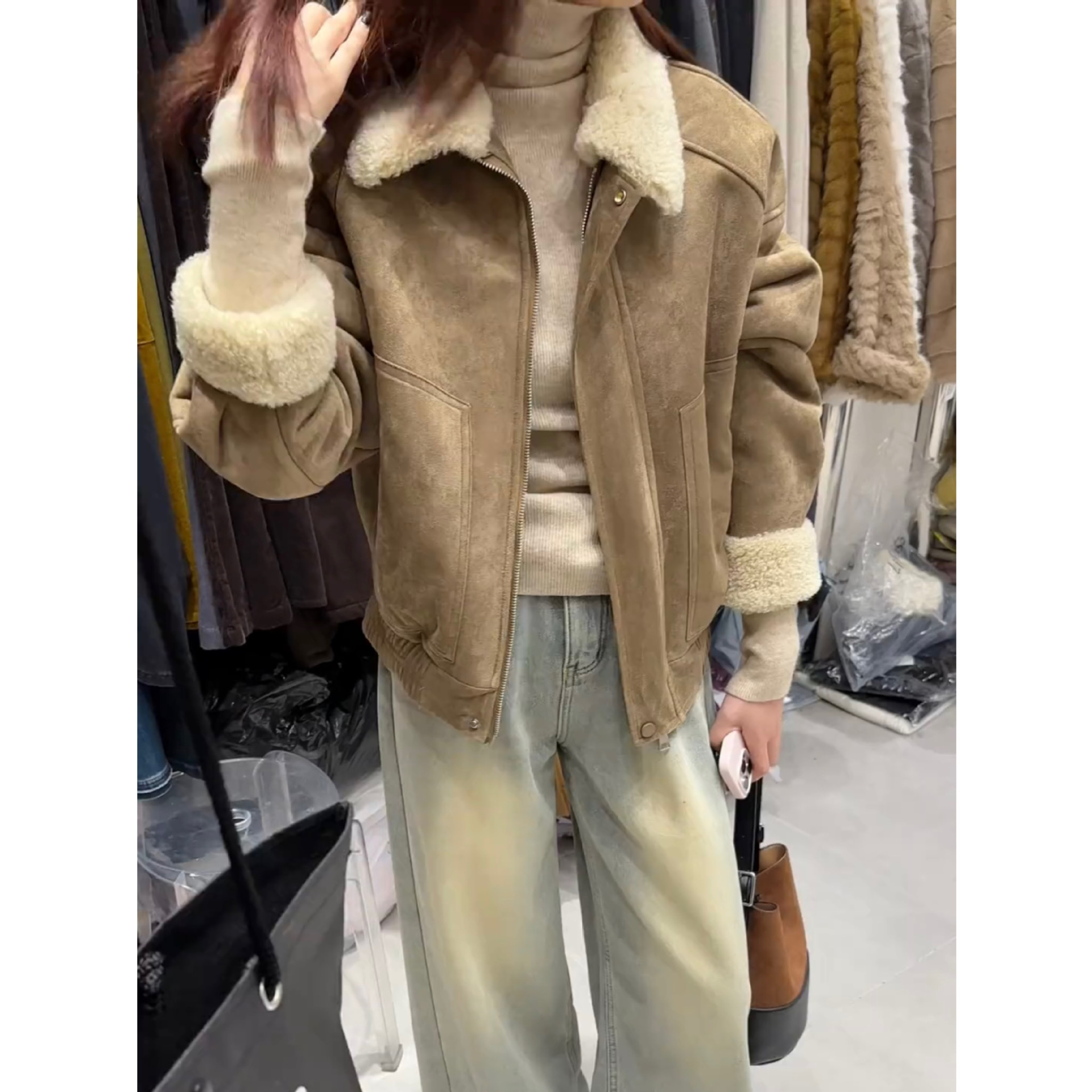 老钱废土风翻领加厚麂皮绒短外套冬季新款小个子皮毛一体保暖上衣