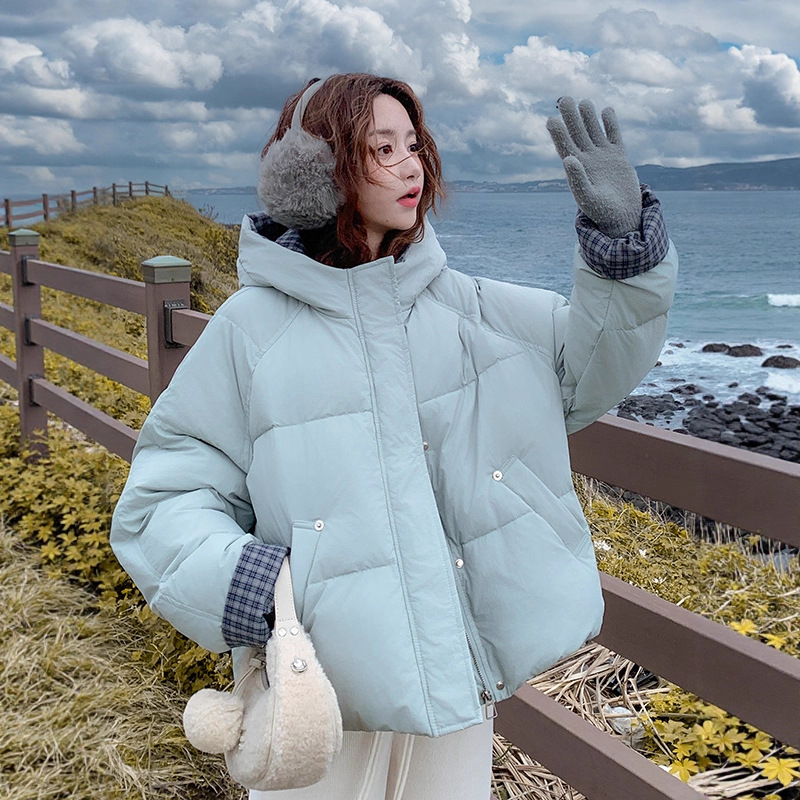 蓝色短款羽绒服女2025新款冬季韩系设计感格纹拼接连帽白鸭绒外套