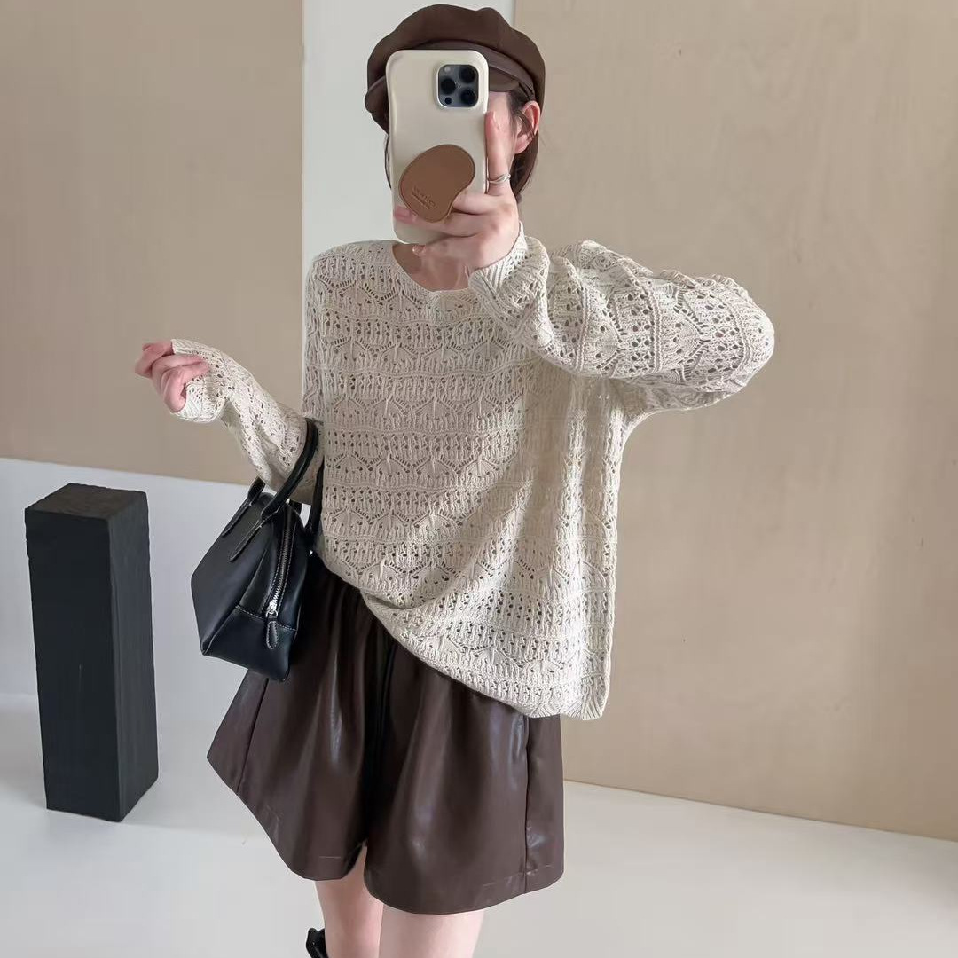 25年秋款针织衫长袖镂空宽松休闲韩版学院风甜美针织毛衣套头上衣