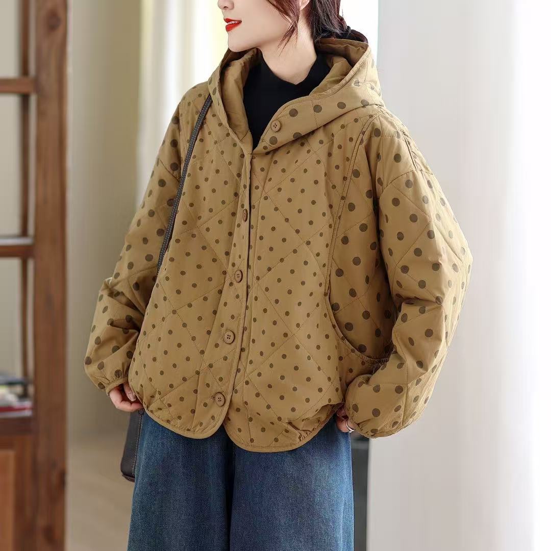 25秋冬新款 夹棉波点连帽外套棉衣女加厚棉衣保暖棉服新款学院风