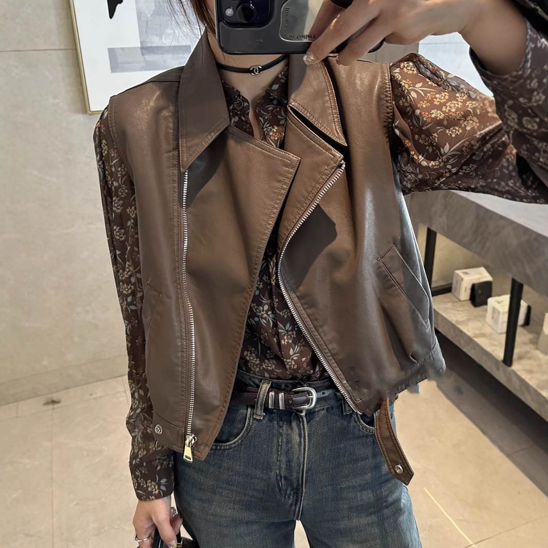 休闲百搭pu皮马甲女2025新款欧货宽松无袖上衣短款背心小皮衣