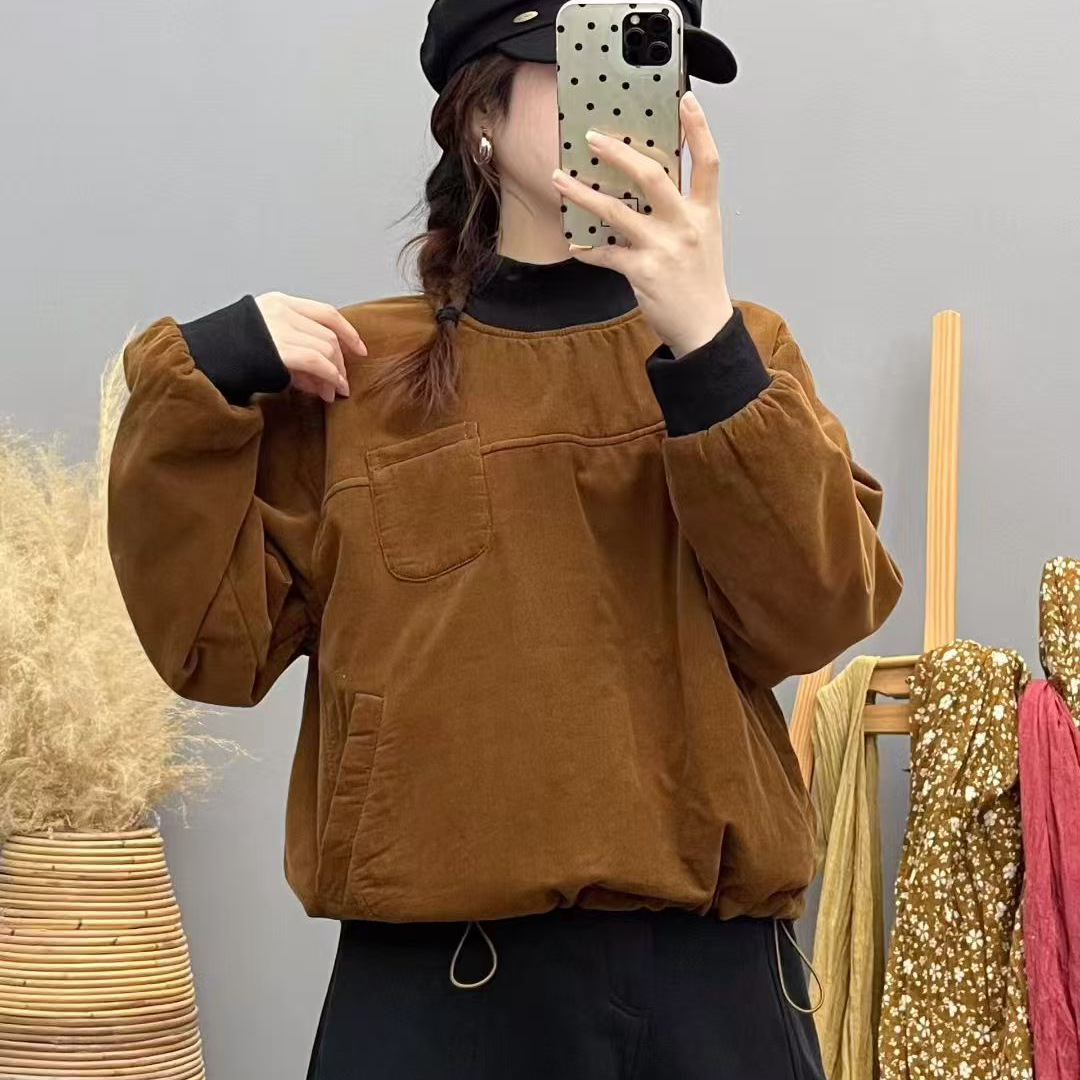 2025棉衣冬款女套头撞色领棉袄加棉加厚保暖外套棉服新款宽松