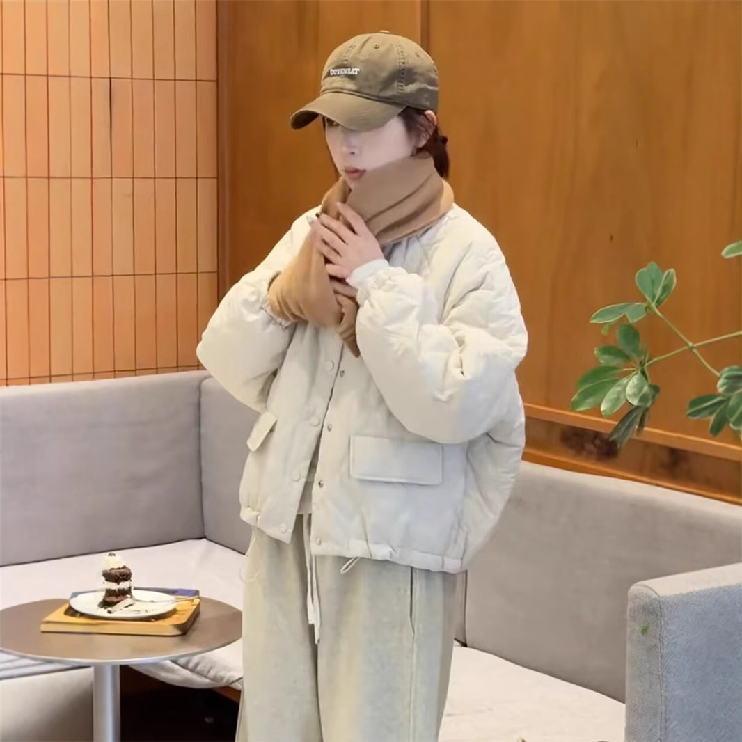 短款菱形格夹棉外套棉衣女2024秋冬新款时尚宽松百搭轻薄小个子外