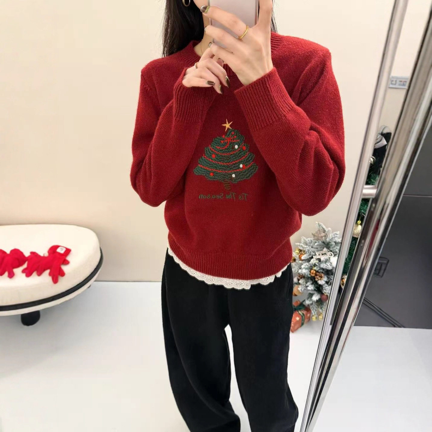 2025年秋冬毛衣新款浣熊绒圣诞树保暖花边拼接毛衣套头学院风毛衣