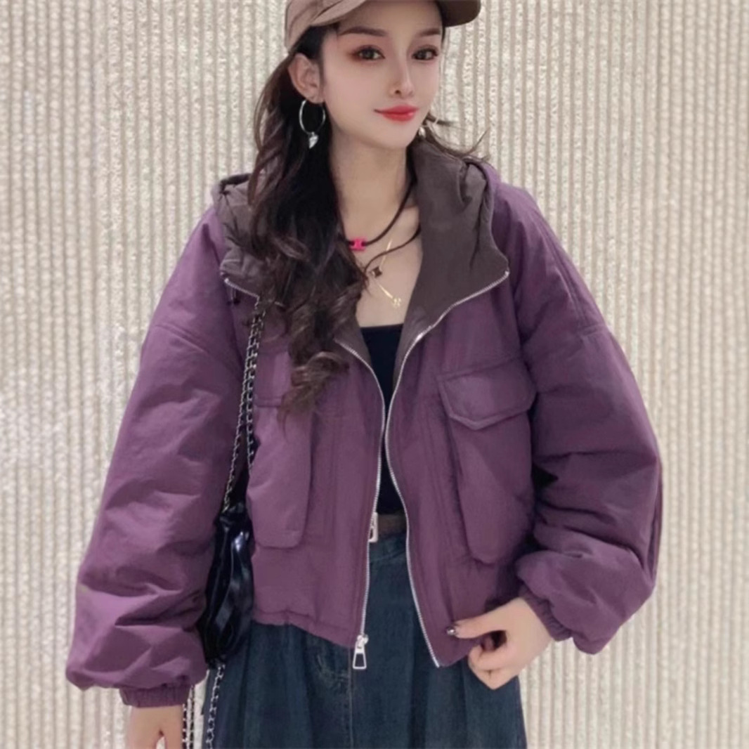 短款连帽保暖棉服女2024秋冬新款大口袋感小个子夹棉外套潮