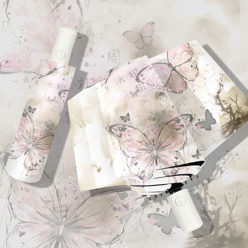 复古风自动三折叠雨伞防晒伞迷你小巧便携新中式女高颜值遮太阳伞