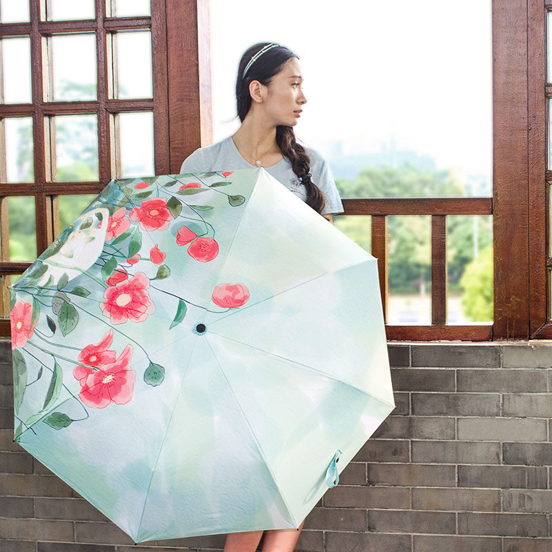 手绘森系雨伞三折叠女晴雨两用韩国小清新女神黑胶遮阳防晒太阳伞