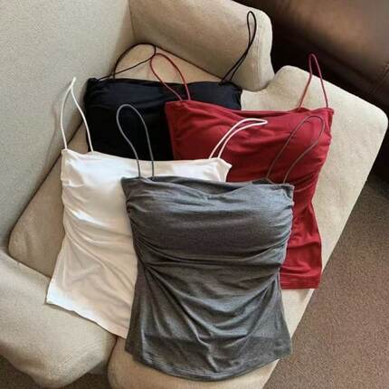 辣妹纯欲褶皱吊带背心女夏季细肩带内搭甜辣风无袖小上衣外穿显瘦