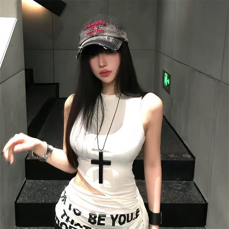 y2k小众设计十字架吊坠链长复古项链银色朋克锁骨辣妹毛衣颈饰