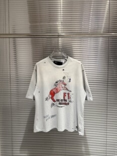 纯原版本Paly Hollywood 红马F1印花做旧破坏重磅纯棉短袖T恤潮