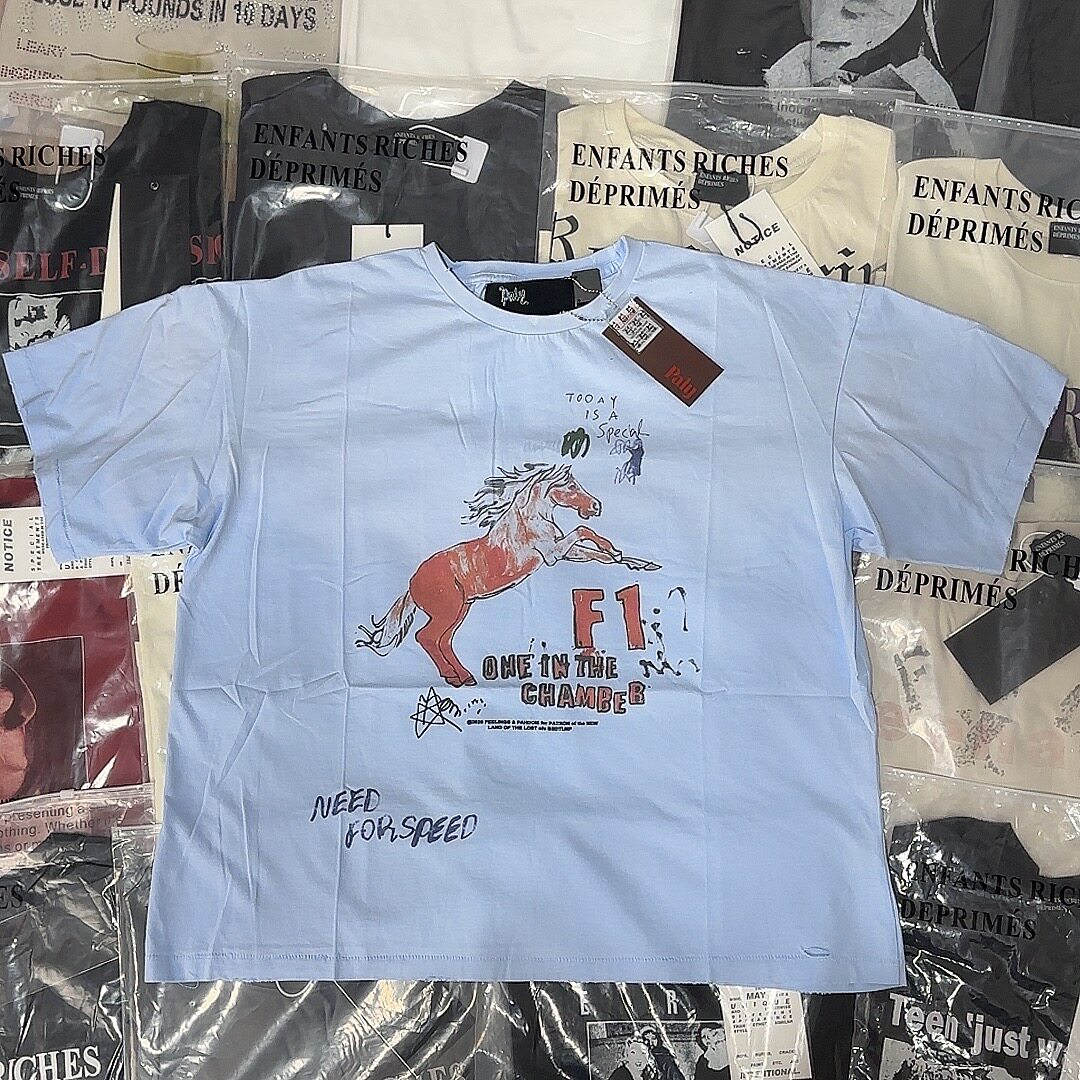 纯原版本Paly Hollywood 战马标语印花做旧破洞短袖美式T恤男女