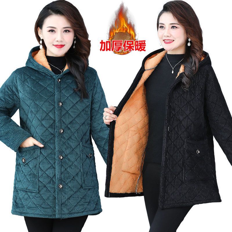 四川省服灯芯绒女中年冬季加厚棉袄洋气妈妈抗寒连帽加绒棉衣外套